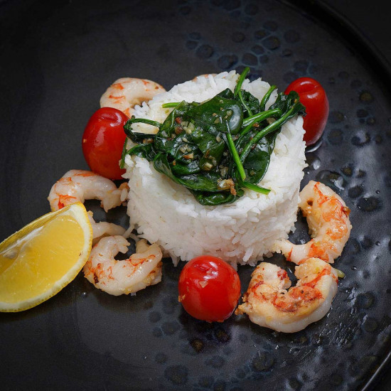 Rák, scampi spenótos rizzsel